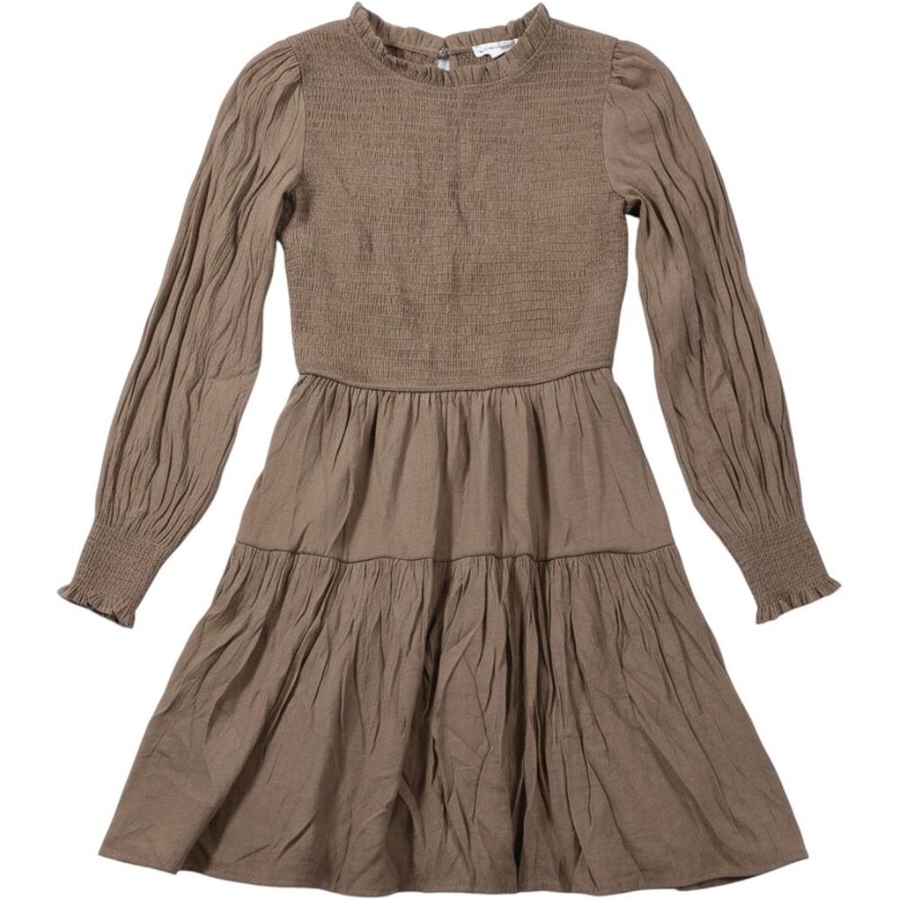 By the River Dress Women Small Brown Excellent Smocked Tiered Long Sleeve Mini